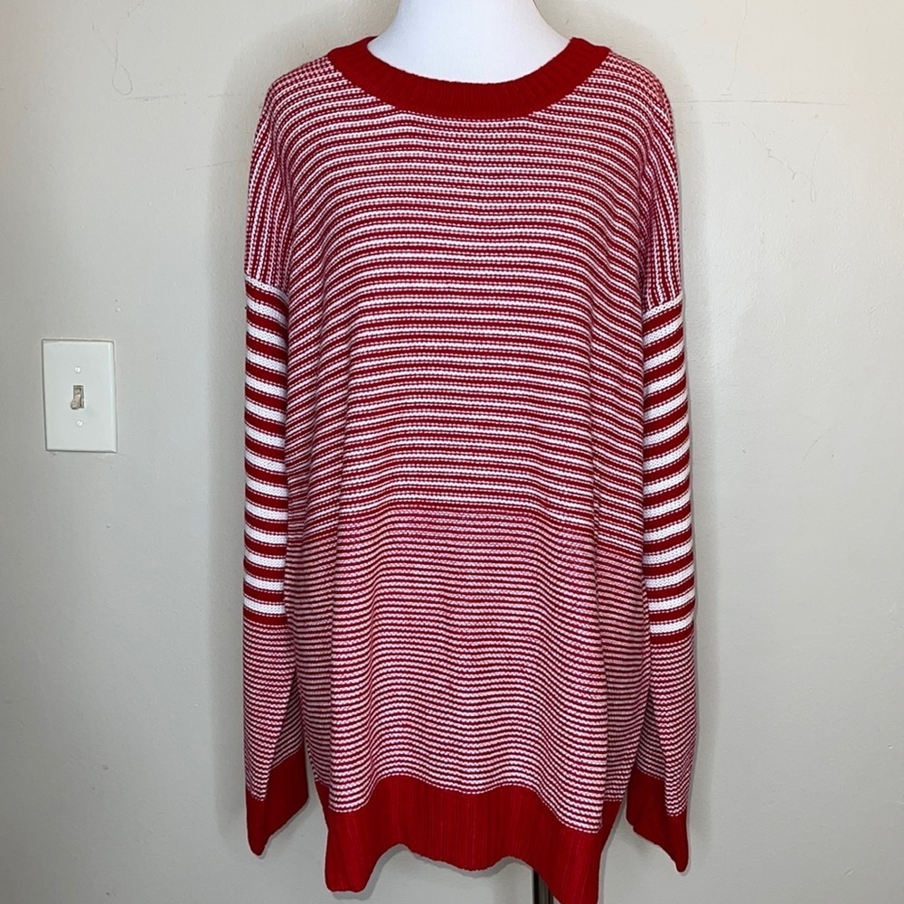 LEA Apparel Red White Striped Chunky Knit Crewneck Slouchy Sweater Plus 1XL